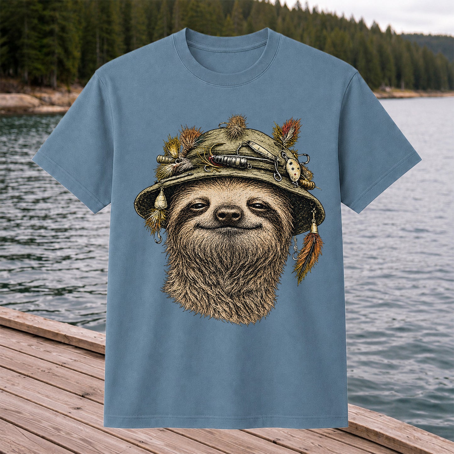 Sloth Wearing a Fishing Lure Hat Hand-Drawn Graphic T-Shirt