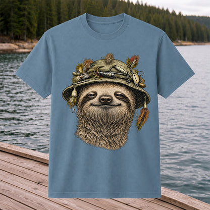 Sloth Wearing a Fishing Lure Hat Hand-Drawn Graphic T-Shirt