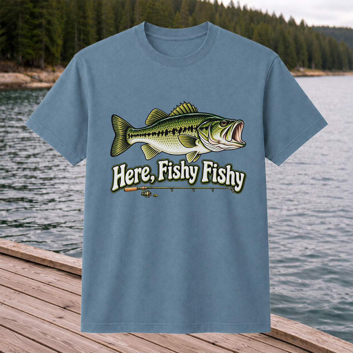 Here Fishy Fishy Funny Largemouth Bass Fishing Graphic T-Shirt