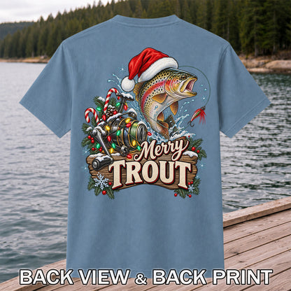 Merry Trout Christmas Rainbow Trout and Fishing Reel T-Shirt | Back Print