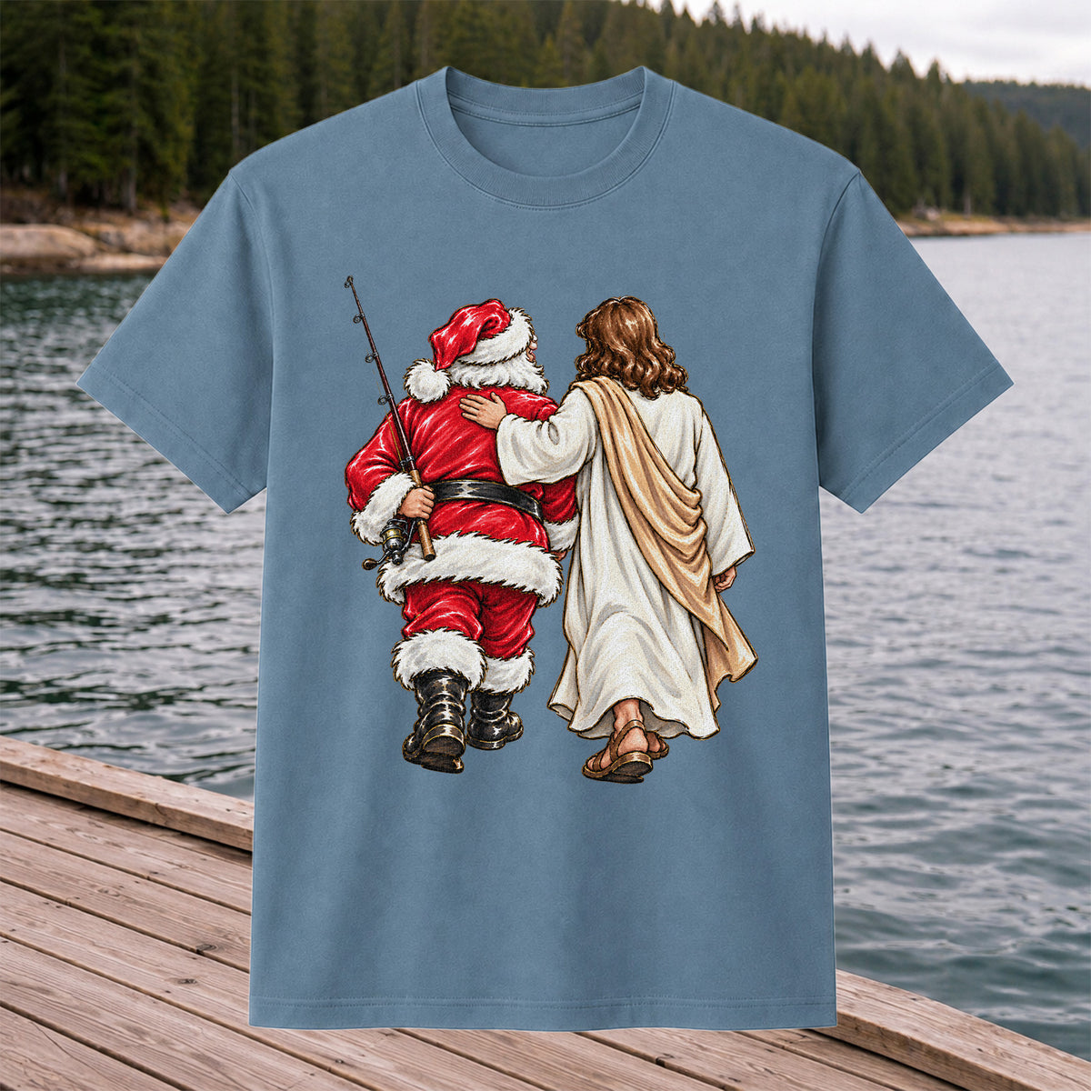 Santa and Robed Companion Fishing Graphic T-Shirt