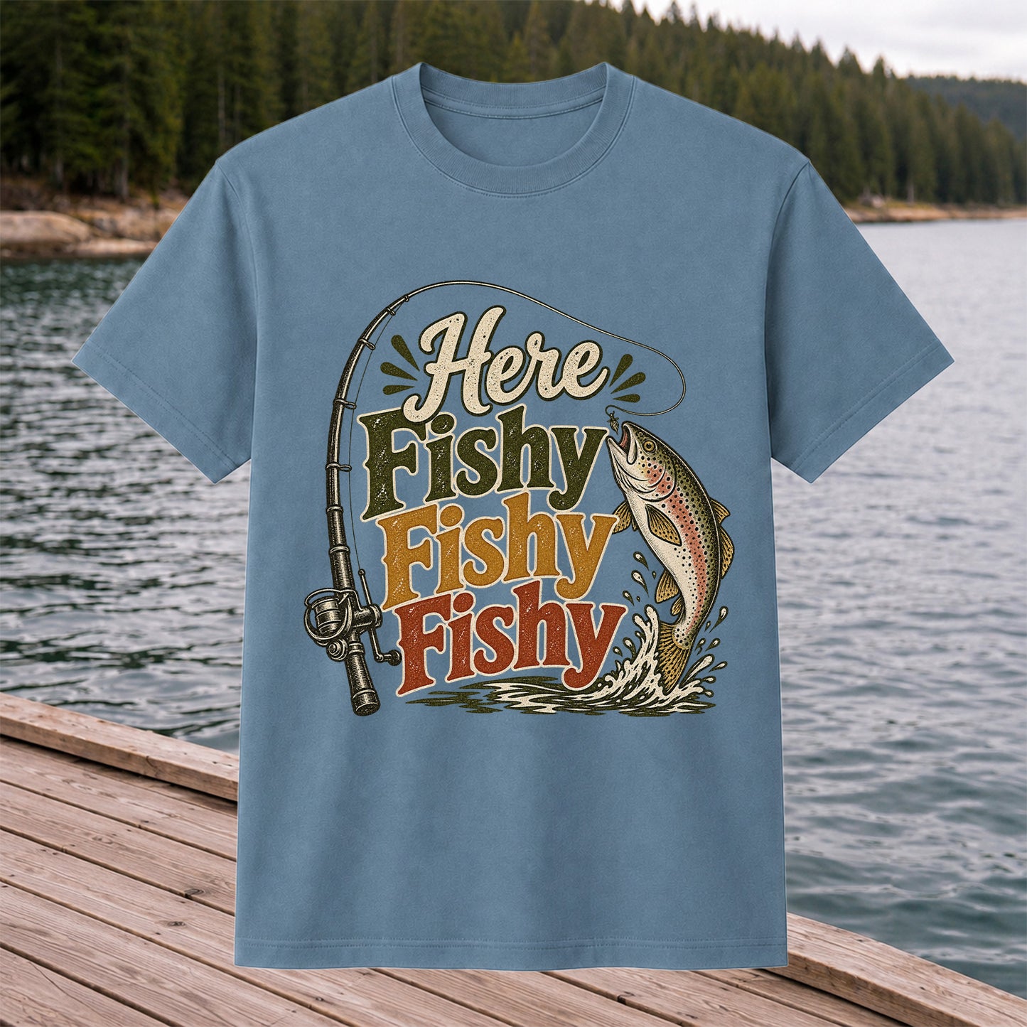 Here Fishy Fishy Fishy Rainbow Trout and Fishing Rod Retro T-Shirt
