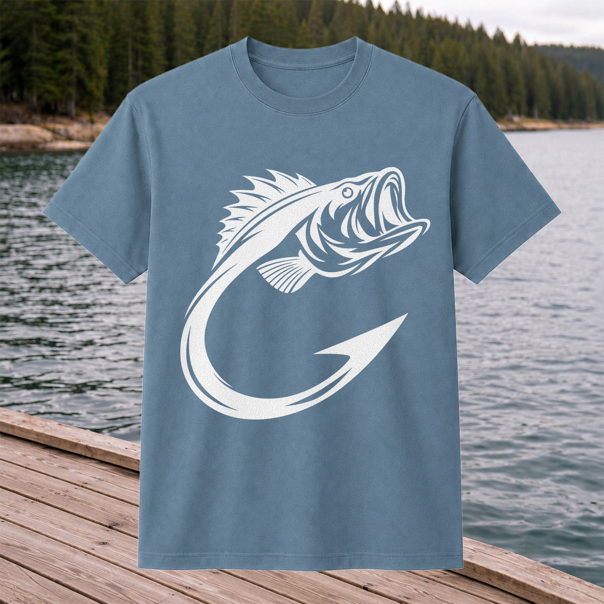 Bass Fish Hook Silhouette Fishing Graphic T-Shirt