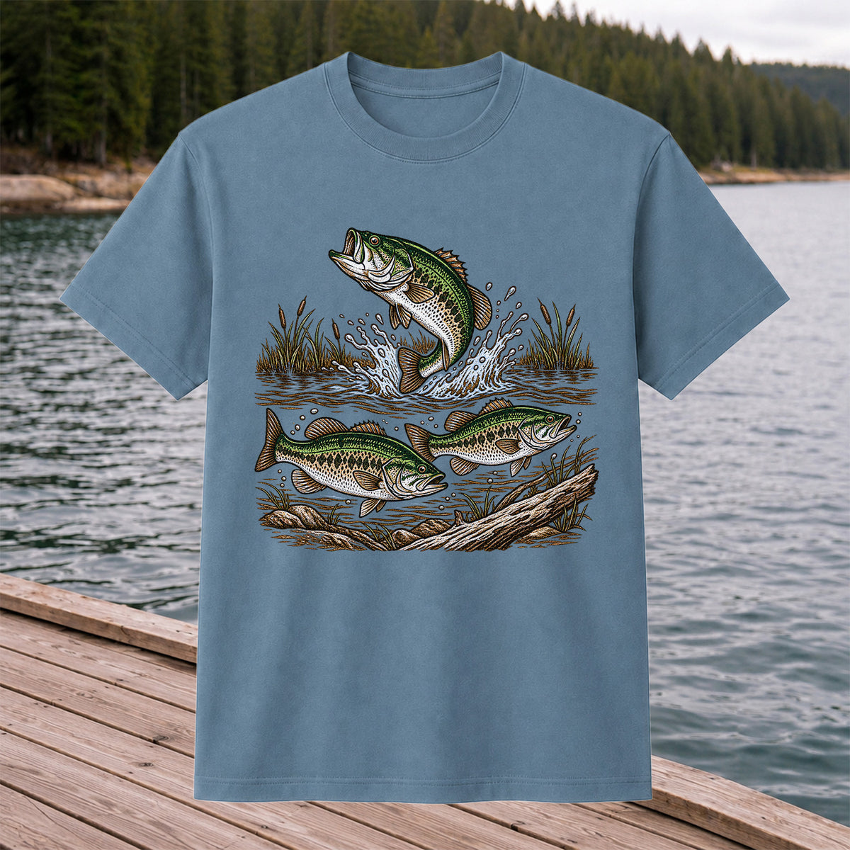 Largemouth Bass Jumping River Fishing Graphic T-Shirt