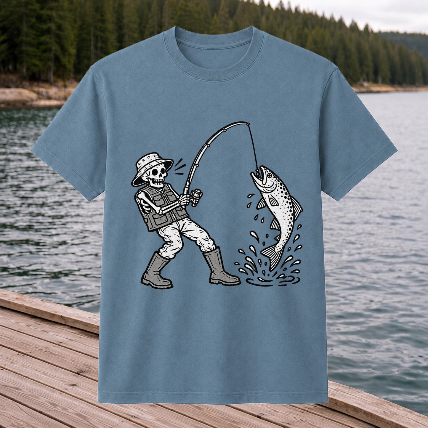 Skeleton Angler Catching a Trout Fishing Graphic T-Shirt