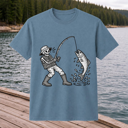 Skeleton Angler Catching a Trout Fishing Graphic T-Shirt