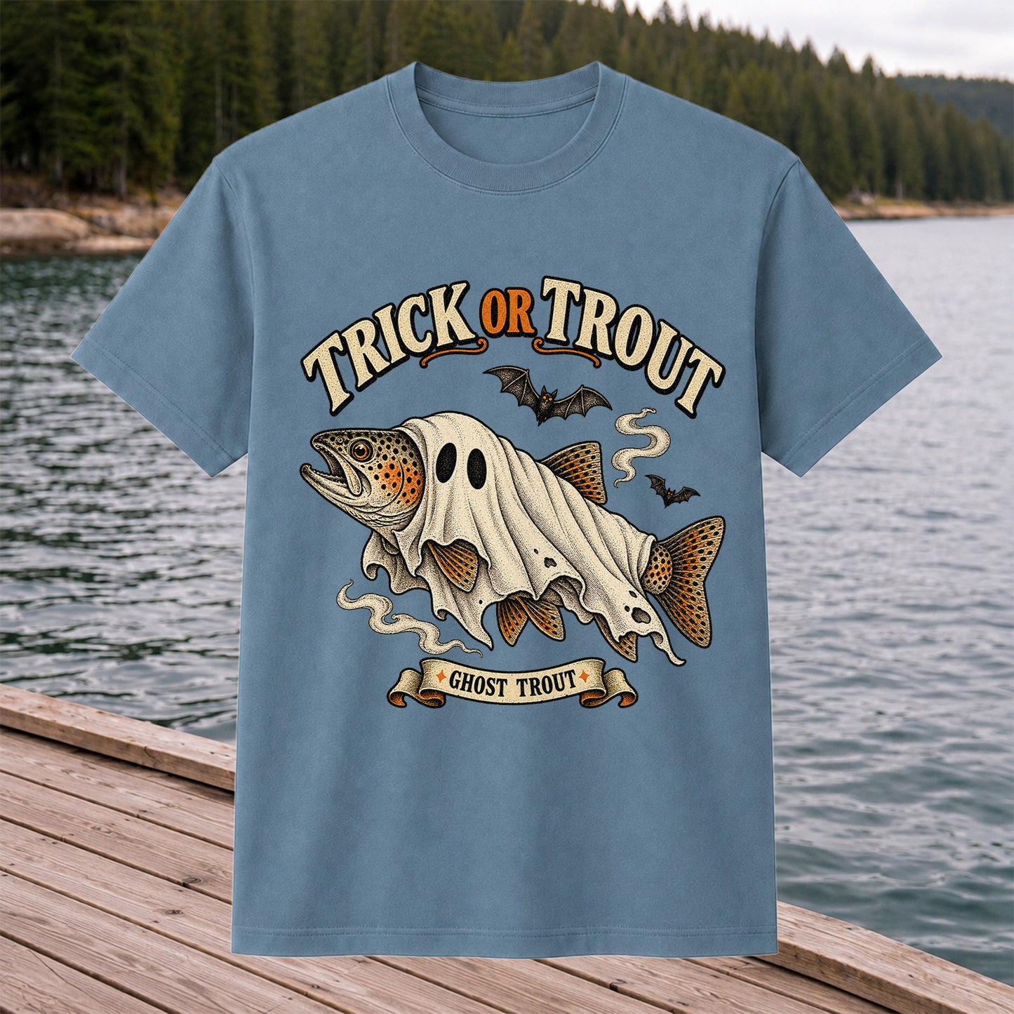 Trick or Trout Ghost Trout Halloween Fishing T-Shirt