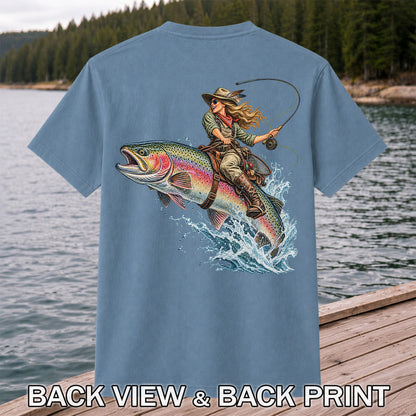 Cowgirl Riding a Rainbow Trout Fly Fishing Graphic T-Shirt | Back Print
