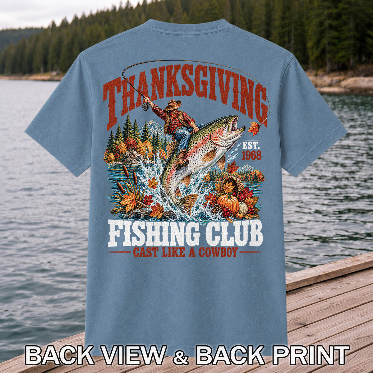 Thanksgiving Cowboy Trout Fishing Club Graphic T-Shirt | Back Print
