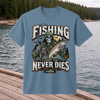 Fishing A Hobby That Never Dies Skeleton Holding Rainbow Trout Halloween T-Shirt