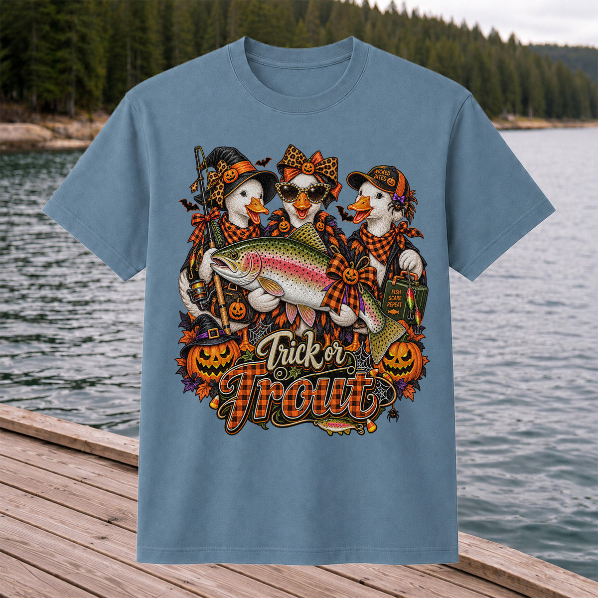 Trick or Trout Halloween Ducks with Rainbow Trout and Pumpkins Fishing T-Shirt