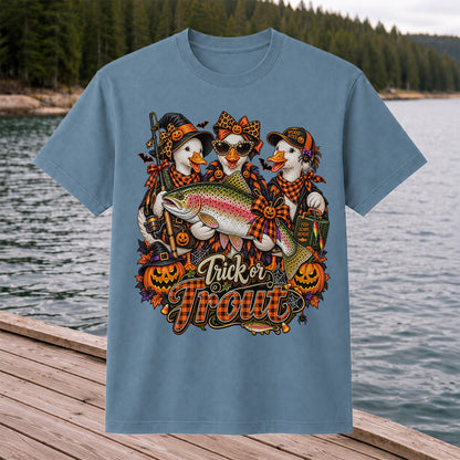 Trick or Trout Halloween Ducks with Rainbow Trout and Pumpkins Fishing T-Shirt