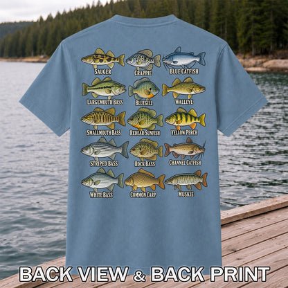 Bass Crappie and Catfish Freshwater Fish Chart Graphic T-Shirt | Back Print