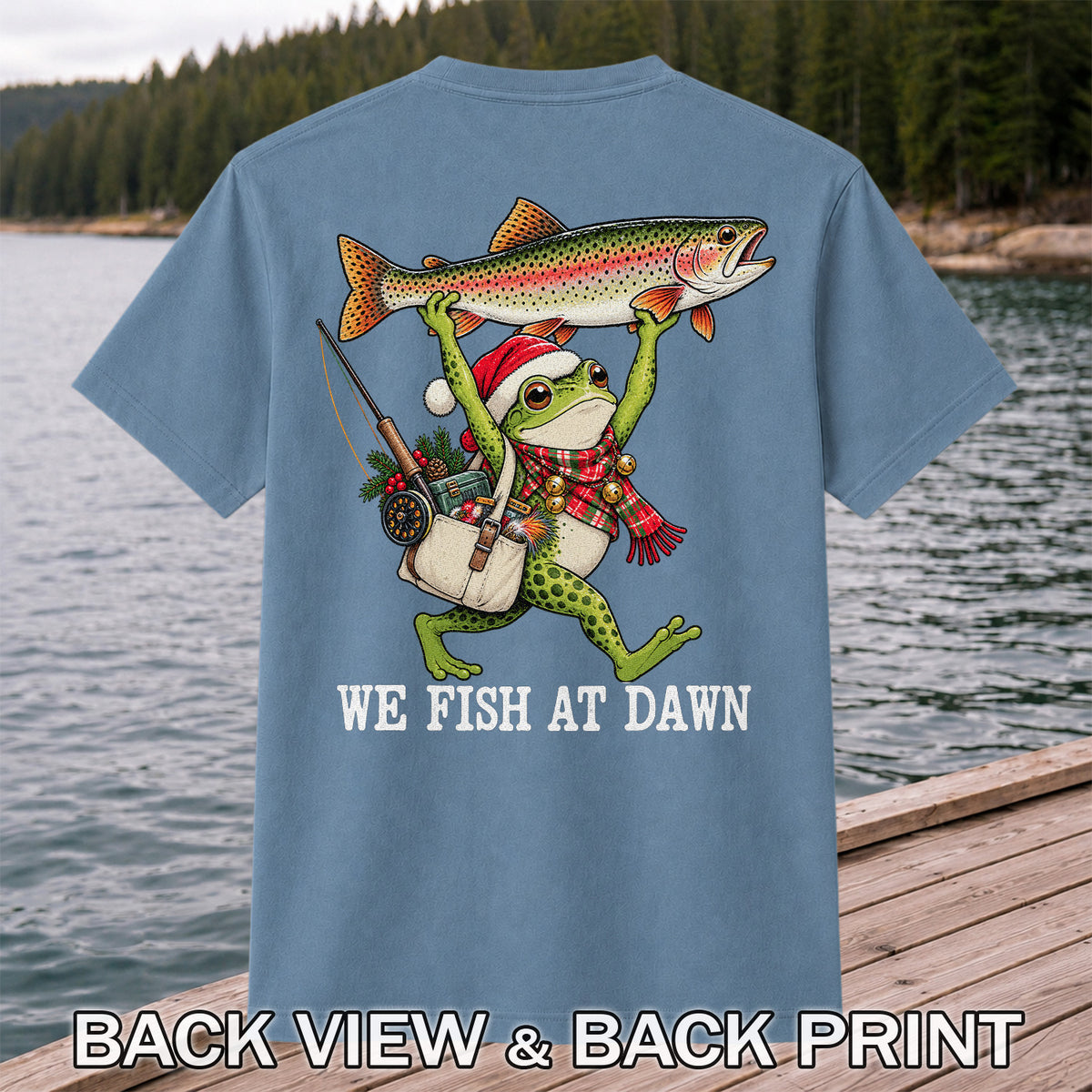 Frog Holding Rainbow Trout Fishing at Dawn Graphic T-Shirt | Back Print