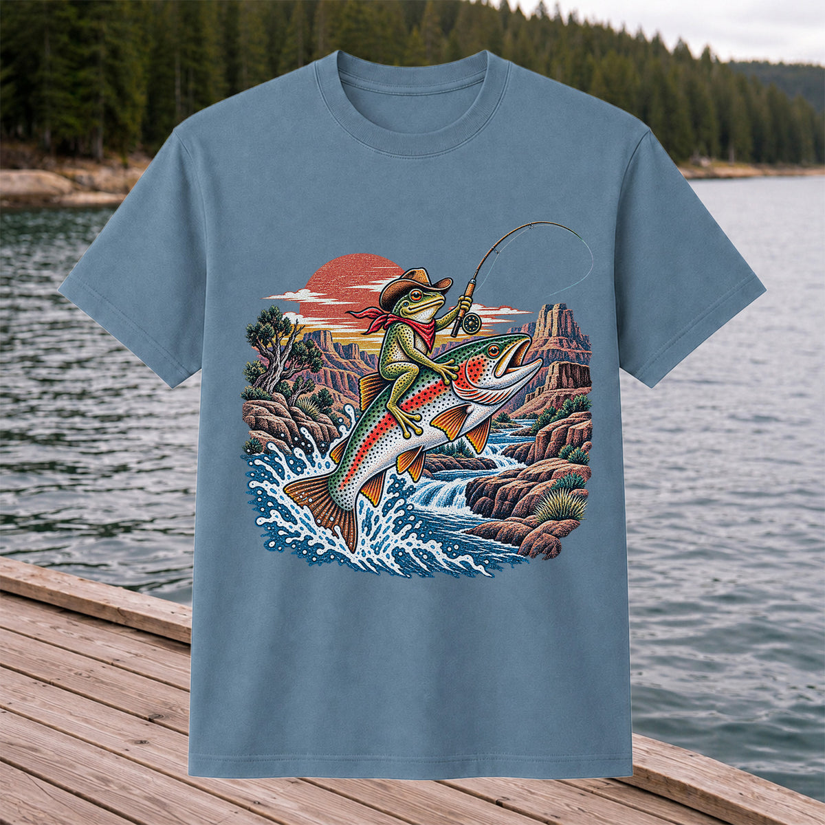 Cowboy Frog Riding a Rainbow Trout Canyon Fishing Graphic T-Shirt