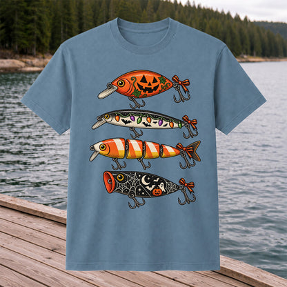 Halloween Fishing Lures with Pumpkin, Ghost and Candy Corn Graphic T-Shirt