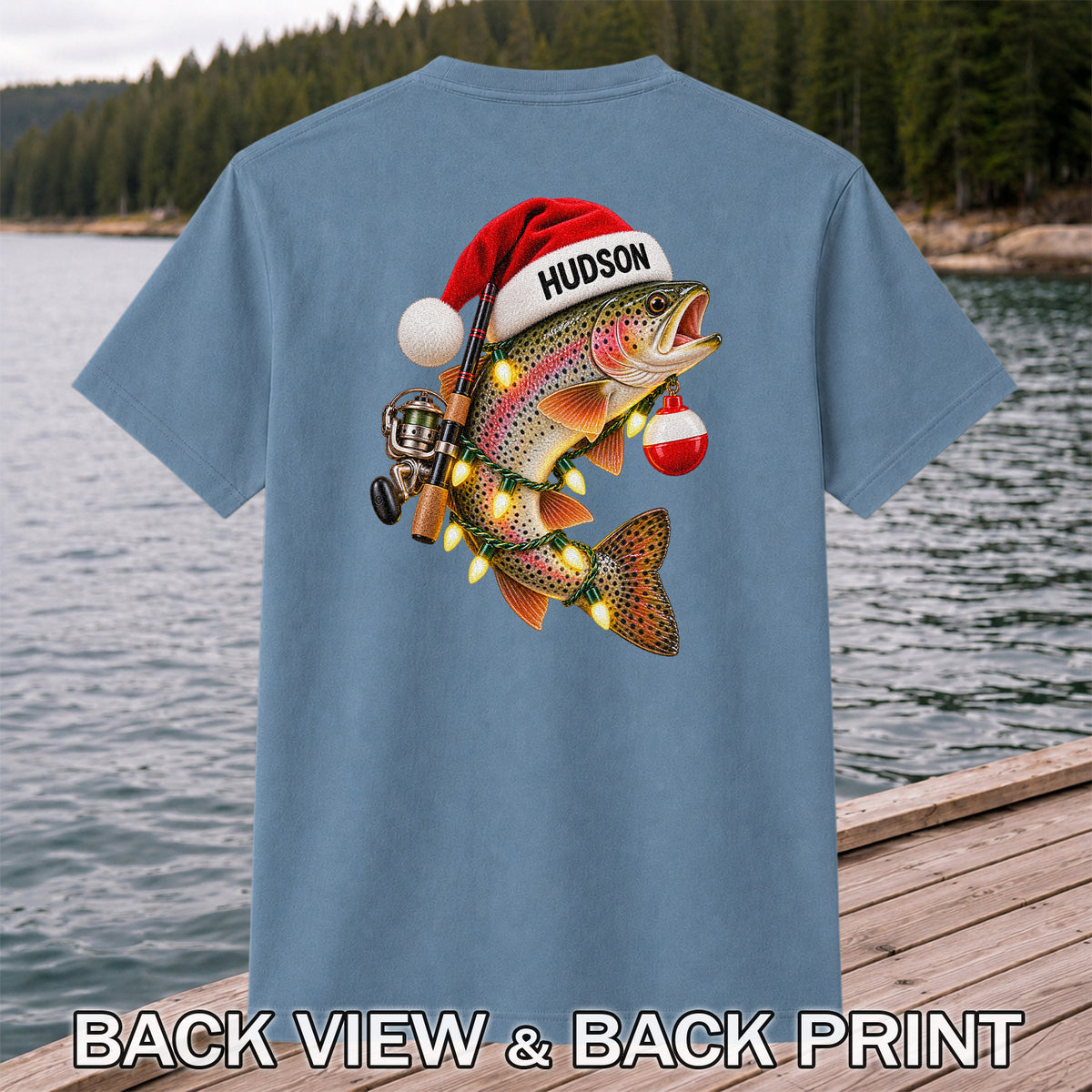 Hudson Santa Hat Rainbow Trout Christmas Fishing T-Shirt | Back Print
