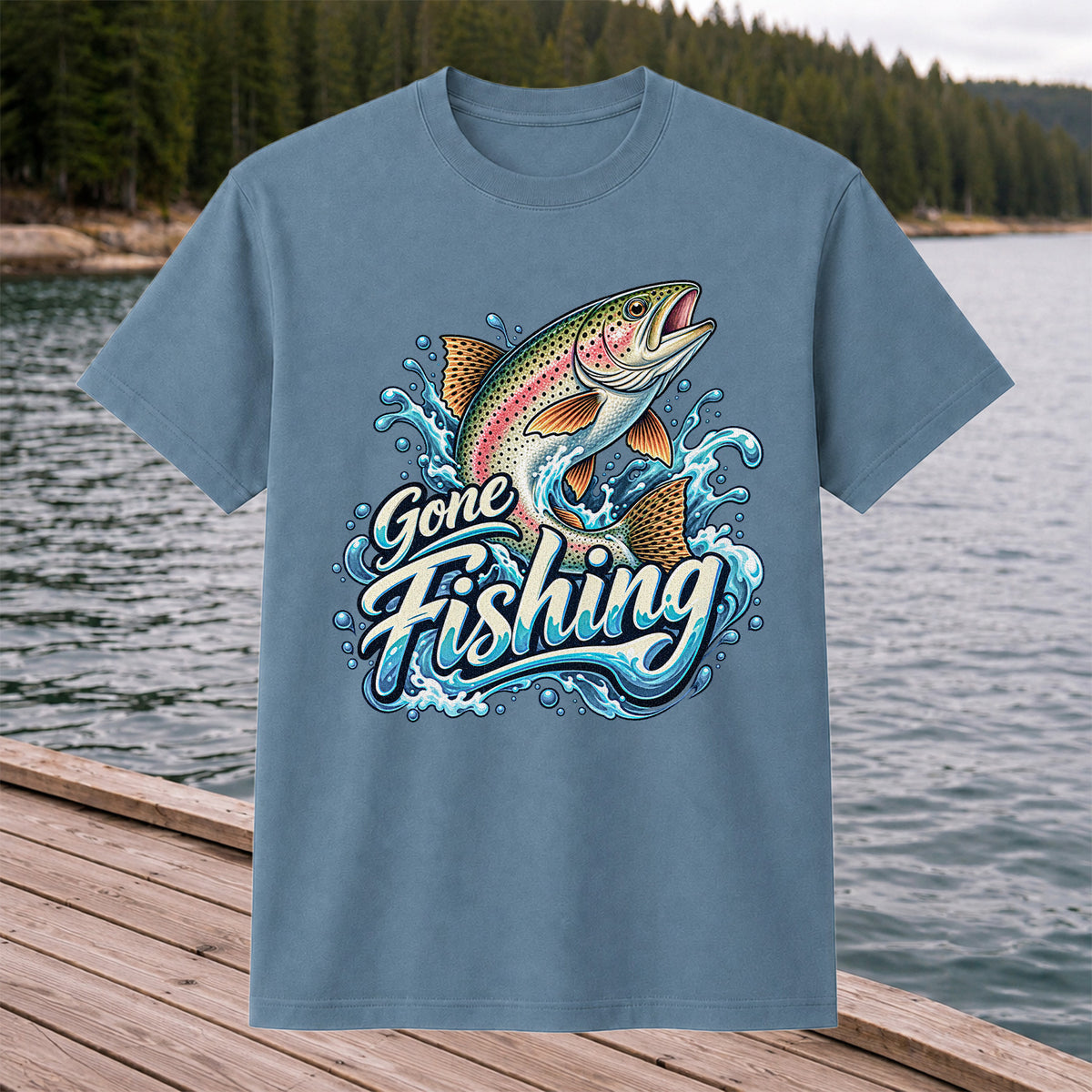 Gone Fishing Jumping Rainbow Trout Splash Graphic T-Shirt