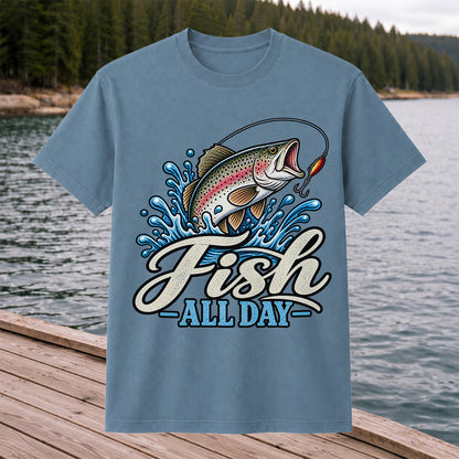 Fish All Day Jumping Rainbow Trout Fishing Graphic T-Shirt