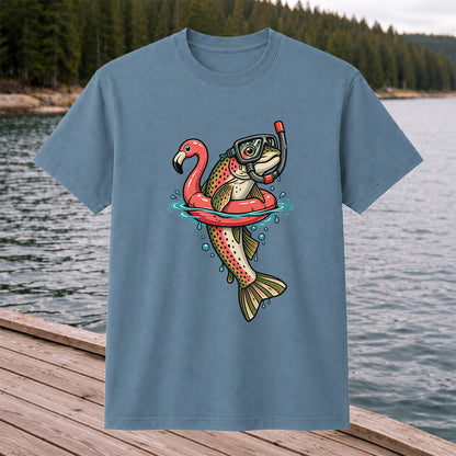 Rainbow Trout Snorkeling in a Flamingo Float Fishing Graphic T-Shirt