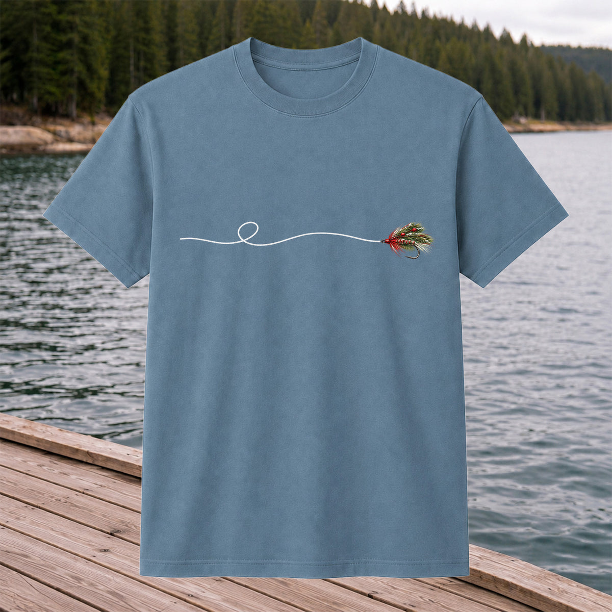 Festive Fly Fishing Lure and Line Graphic T-Shirt