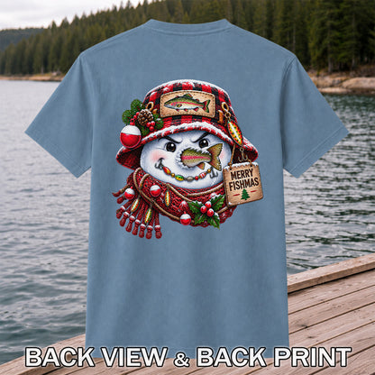 Merry Fishmas Snowman with Rainbow Trout Christmas Fishing T-Shirt | Back Print