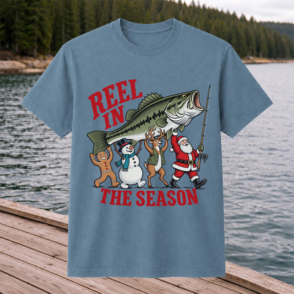 Reel in the Season Bass Christmas Fishing Graphic T-Shirt