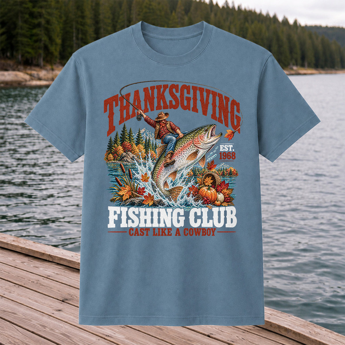 Thanksgiving Cowboy Trout Fishing Club Graphic T-Shirt