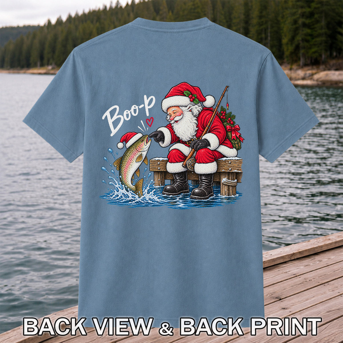 Santa Fishing for Rainbow Trout Christmas Graphic T-Shirt | Back Print