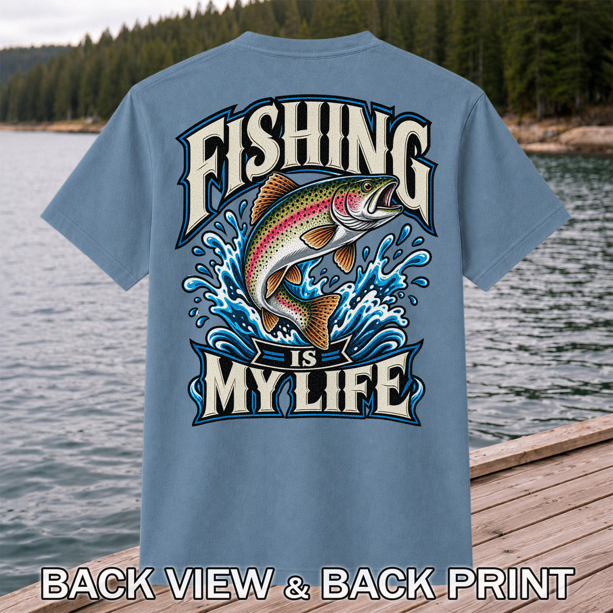 Fishing Is My Life Jumping Rainbow Trout Graphic T-Shirt | Back Print
