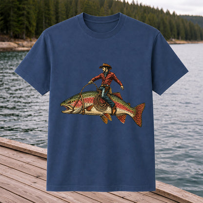 Cowboy Riding Rainbow Trout T-Shirt Vintage Western Fishing Tee