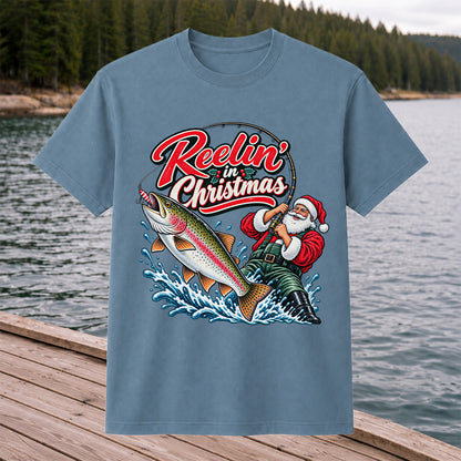 Reelin' in Christmas Santa Rainbow Trout Fishing T-Shirt