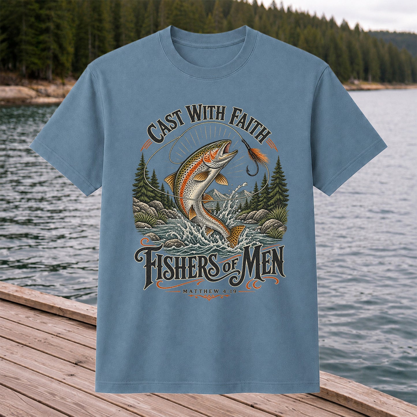 Cast with Faith Fishers of Men Matthew 4:19 Trout Fishing T-Shirt