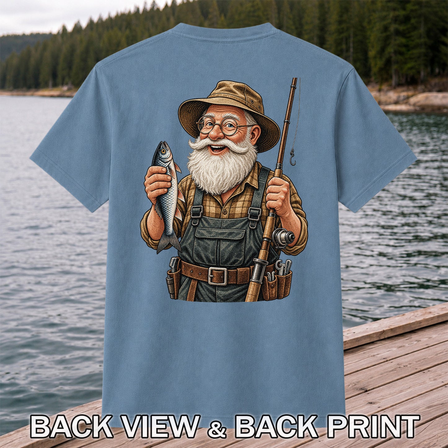 Bearded Angler Holding a Fish and Fishing Rod Graphic T-Shirt | Back Print