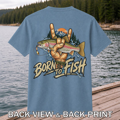 Born to Fish Rainbow Trout Rock Hand Sign Fishing T-Shirt | Back Print