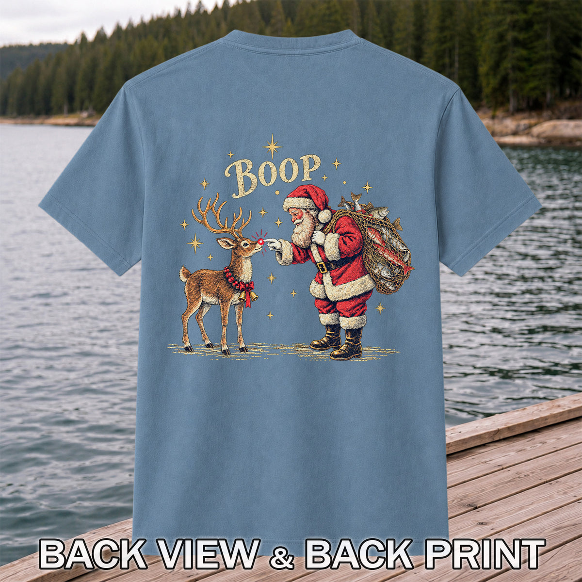 Santa and Reindeer Fishing Christmas Graphic T-Shirt | Back Print