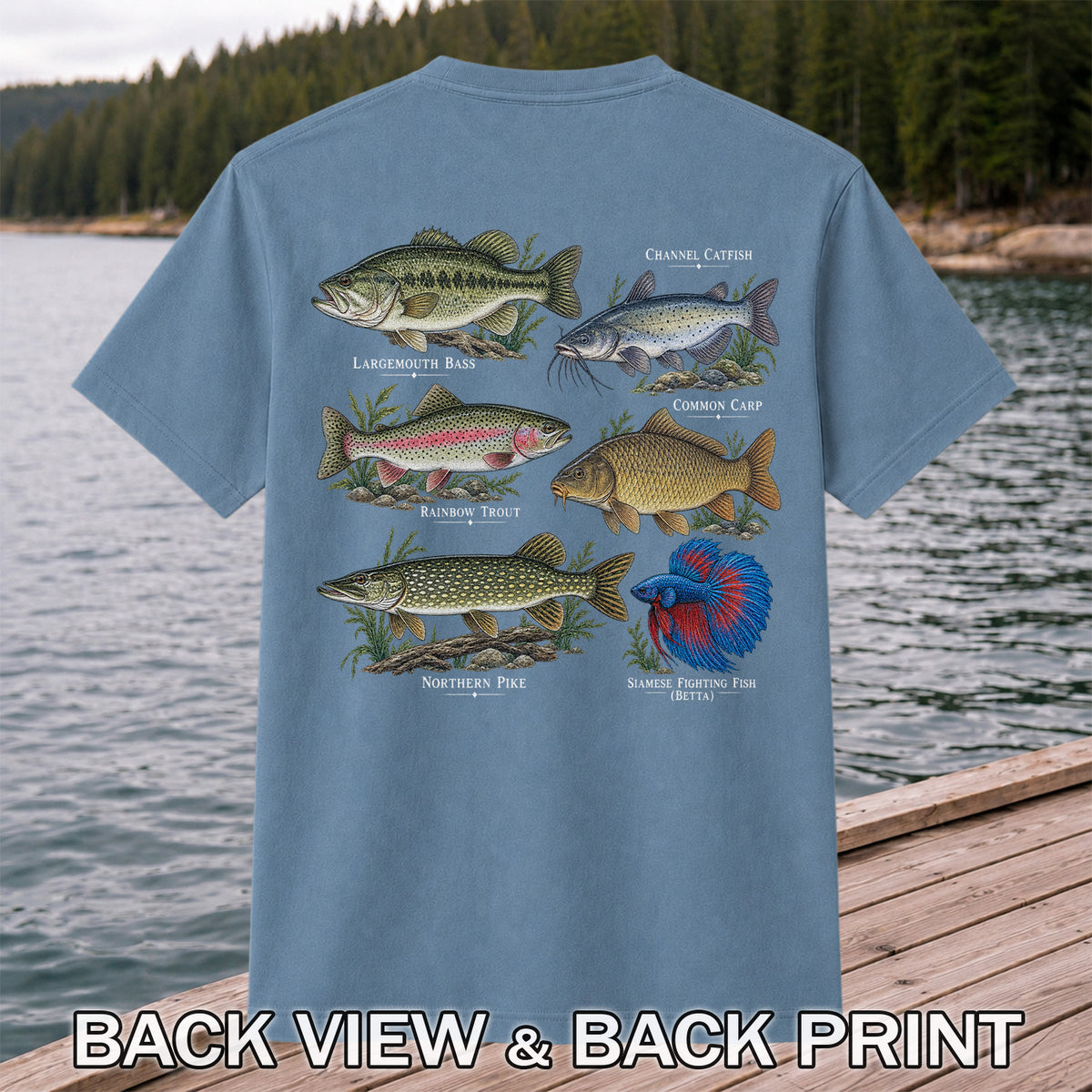 Bass Trout Catfish Carp Pike and Betta Freshwater Fish Graphic T-Shirt | Back Print