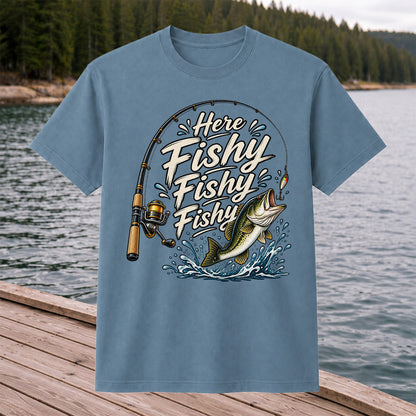Here Fishy Fishy Fishy Funny Bass Fishing Graphic T-Shirt