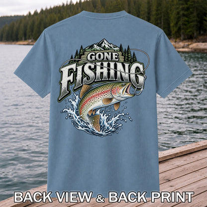 Gone Fishing Rainbow Trout and Mountains Graphic T-Shirt | Back Print