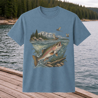 Mountain River Rainbow Trout Fly Fishing Graphic T-Shirt