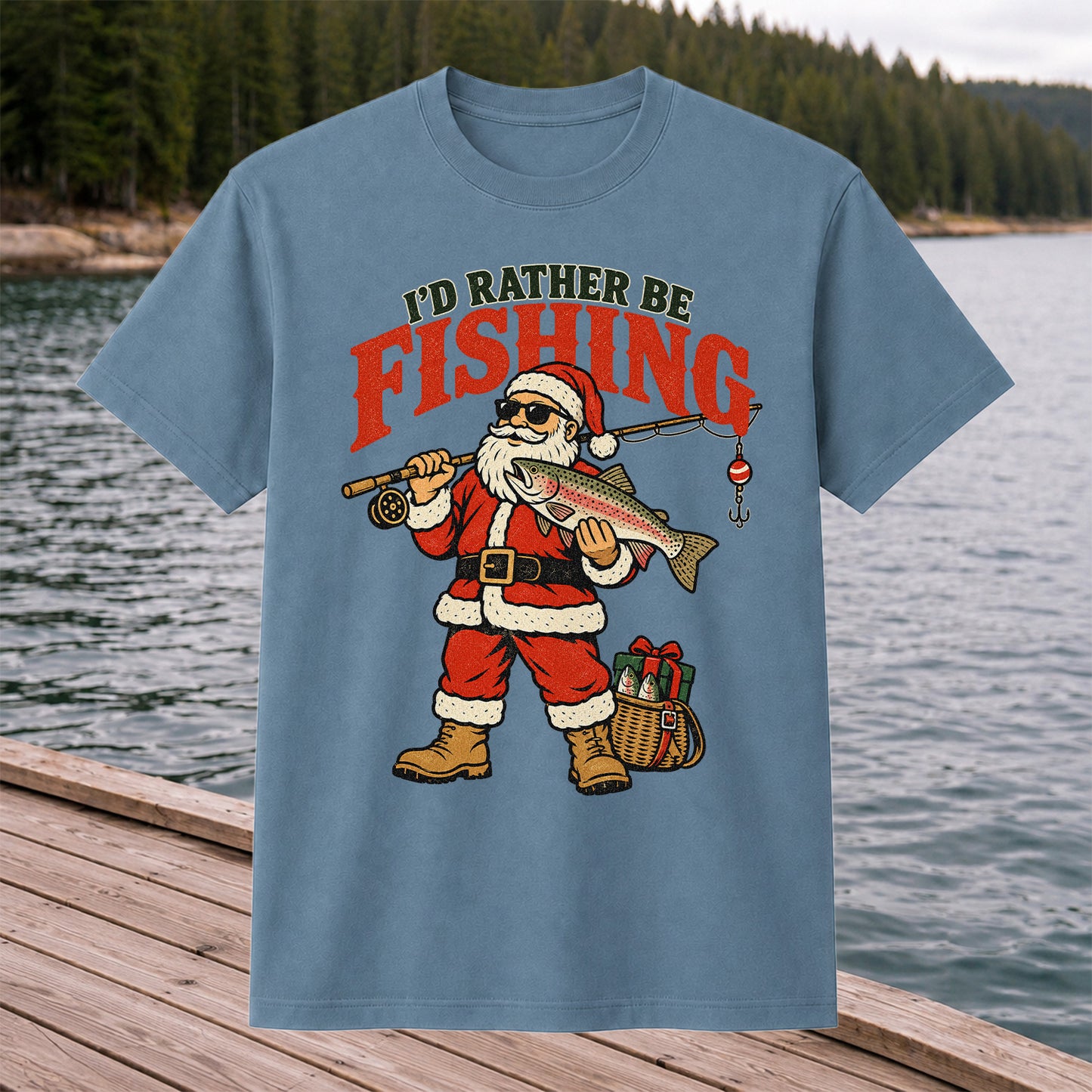 I'd Rather Be Fishing Santa Holding Rainbow Trout Christmas T-Shirt