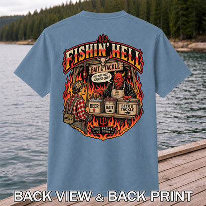 Fishin' Hell Devil Bait and Tackle Funny Fishing T-Shirt | Back Print