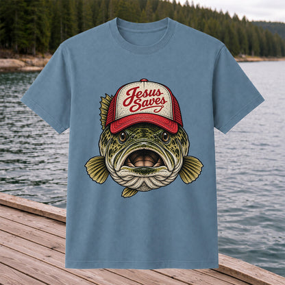 Jesus Saves Largemouth Bass in a Trucker Hat Fishing T-Shirt
