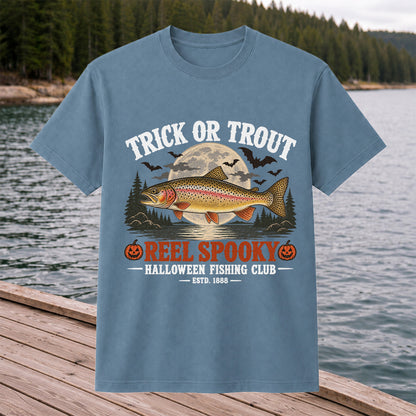 Trick or Trout Reel Spooky Halloween Fishing Club T-Shirt