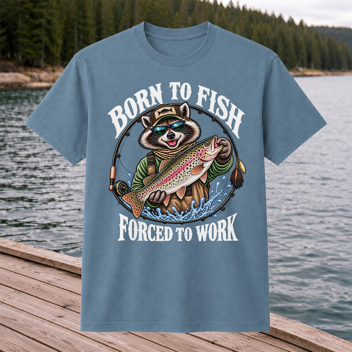 Born to Fish Forced to Work Raccoon Rainbow Trout T-Shirt