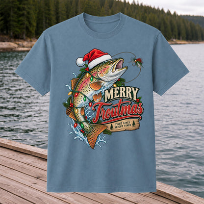 Merry Troutmas Tight Lines Bright Times Santa Hat Rainbow Trout Fishing T-Shirt