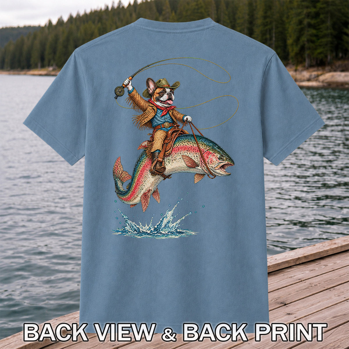 Cowboy French Bulldog Riding a Rainbow Trout Fishing T-Shirt | Back Print