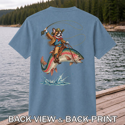 Cowboy French Bulldog Riding a Rainbow Trout Fishing T-Shirt | Back Print