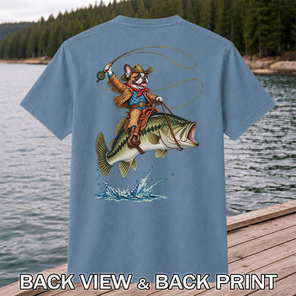 French Bulldog Cowboy Riding a Bass Fishing Graphic T-Shirt | Back Print