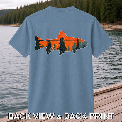Trout Silhouette with Pine Forest Fishing Graphic T-Shirt | Back Print